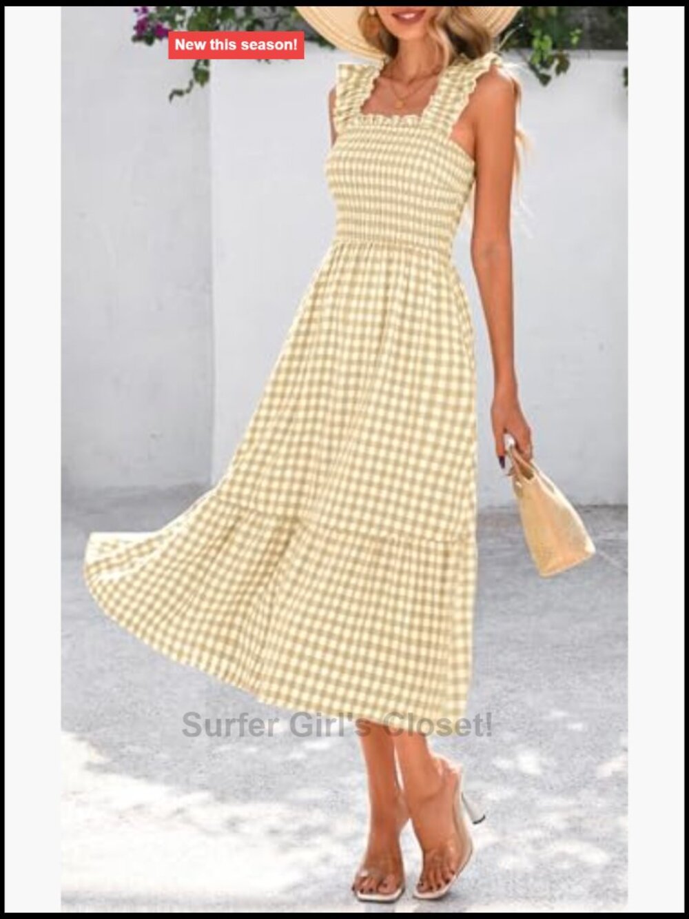 Womens Square Neck Ruffle Strap Smocked Midi Flowy A-Line Dress - Picture 3 of 7